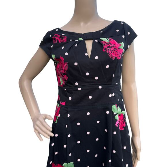 Nanette Lepore Women's Black Red Floral Polka Dots Cap Sleeve Mini Dress Size 6 - Picture 3 of 7